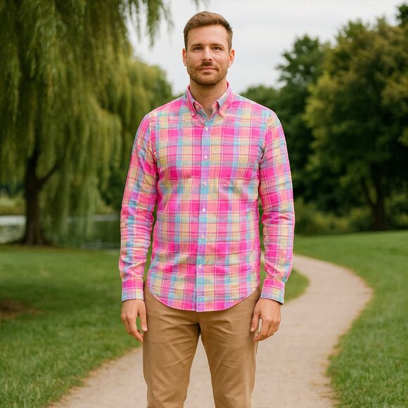 Bonobos M Slim Fit Pink Blue Plaid‎ Casual Button Down Shirt Preppy Resort Dress - Picture 1 of 12